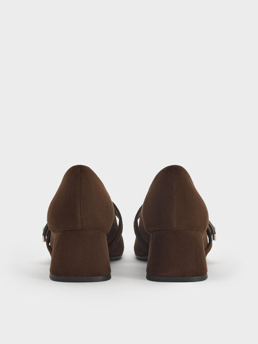 Lando Faux Suede Metallic-Buckle Mary Jane Pumps, Dark Brown Textured, hi-res