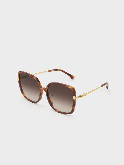 Oversized Square Chain-Link Sunglasses, T. Shell, hi-res