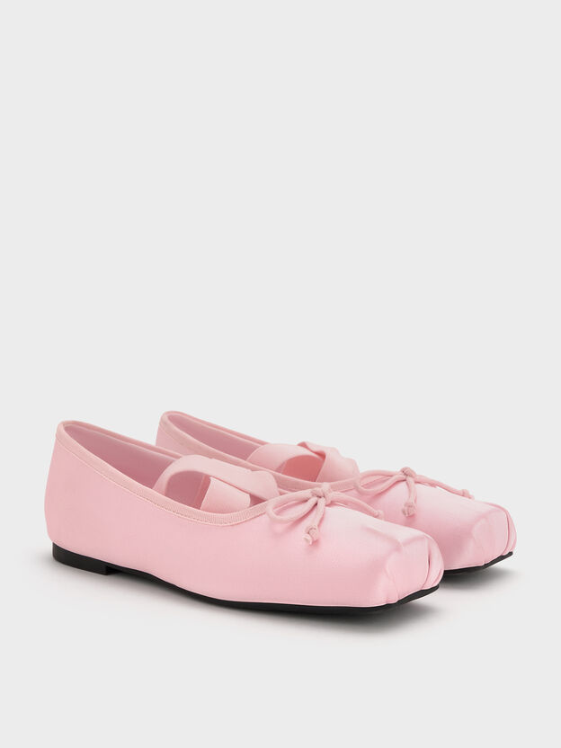 Girls' Satin Crossover Ballet Flats, Light Pink, hi-res