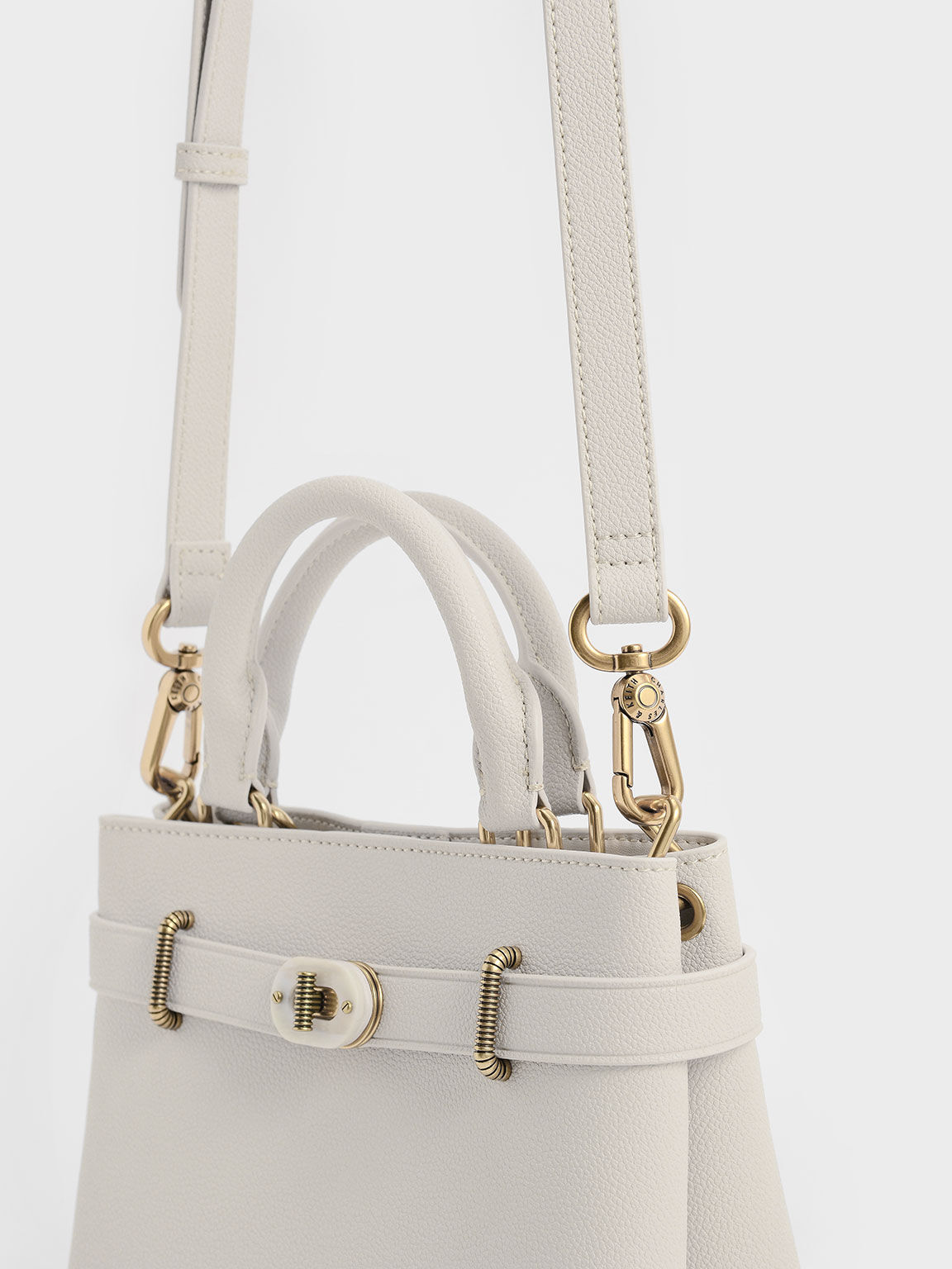 Double Handle Turn-Lock Structured Bag, Light Grey, hi-res