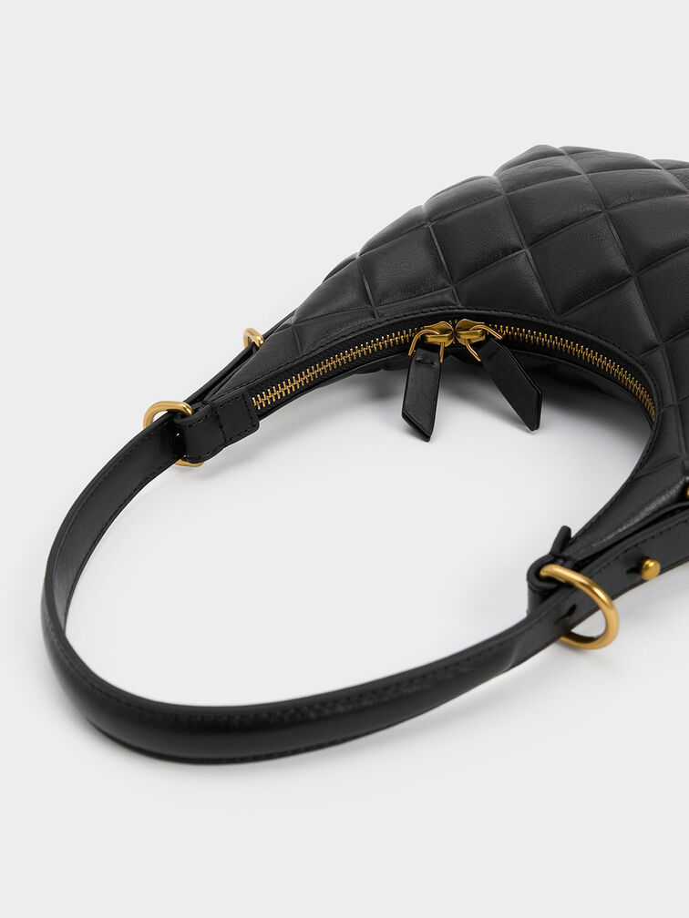 Swing Padlock Quilted Crescent Bag, Black, hi-res