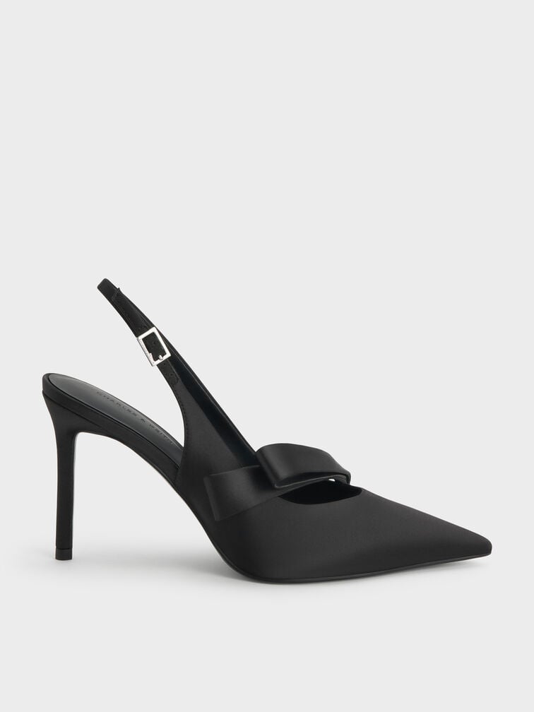 Satin Pleated-Strap Slingback Pumps, Black Textured, hi-res