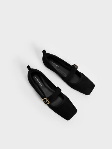 Textured Square Toe Mary Jane Flats, Black, hi-res