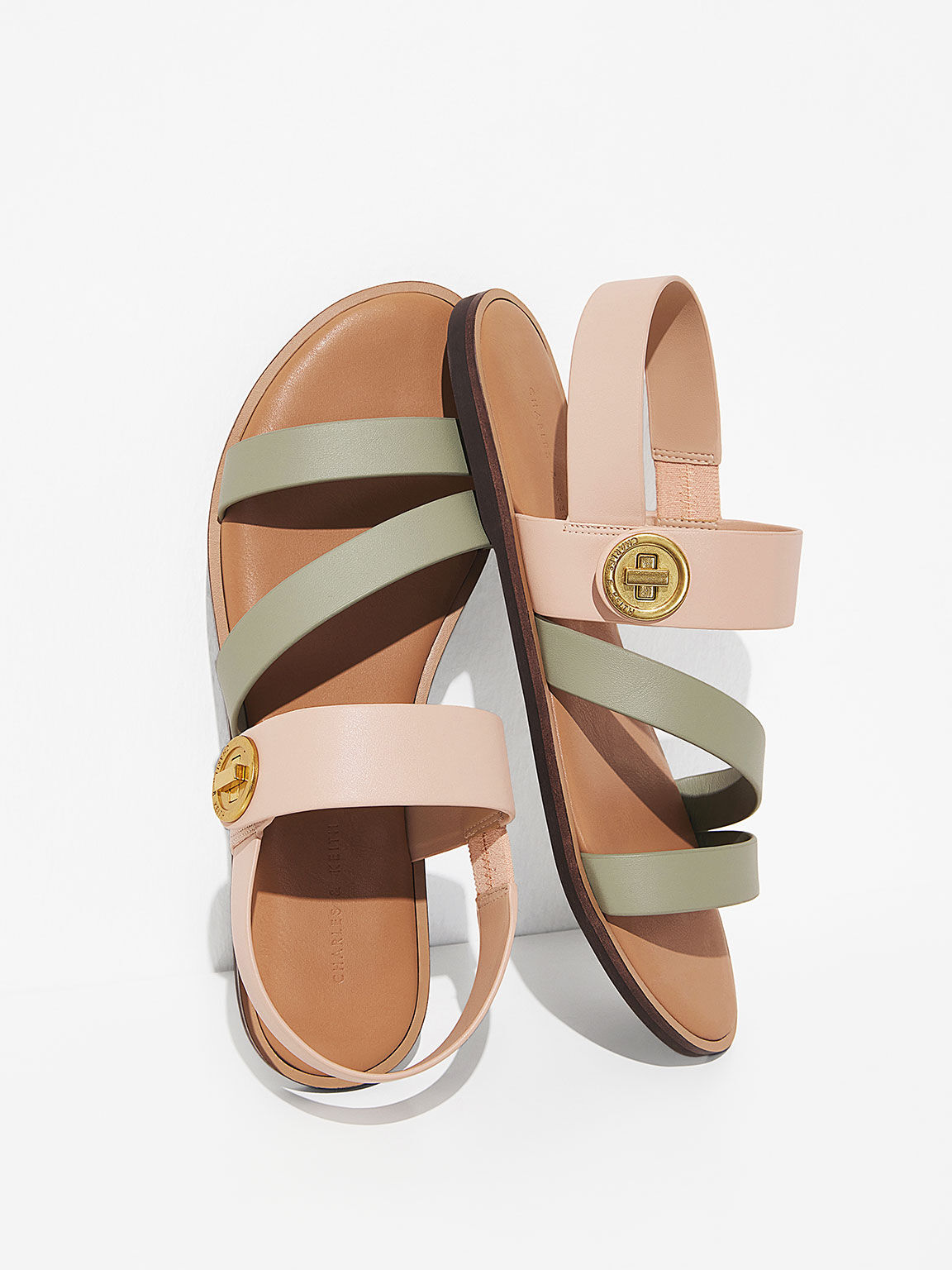 Two-Tone Asymmetric Strappy Sandals, Nude, hi-res