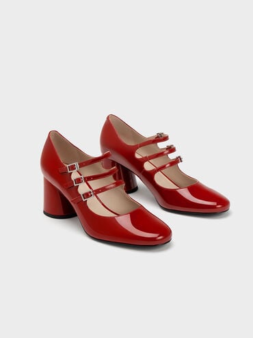 Claudie Patent Buckled Mary Janes, Red, hi-res
