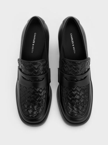 Woven-Detail Penny Loafer Block-Heel Pumps, Black, hi-res