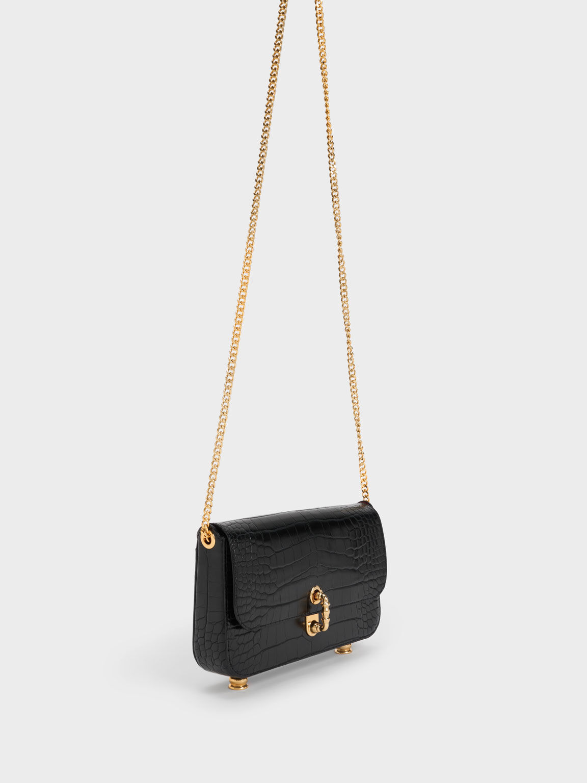 Meriah Croc-Embossed Clutch, Black, hi-res