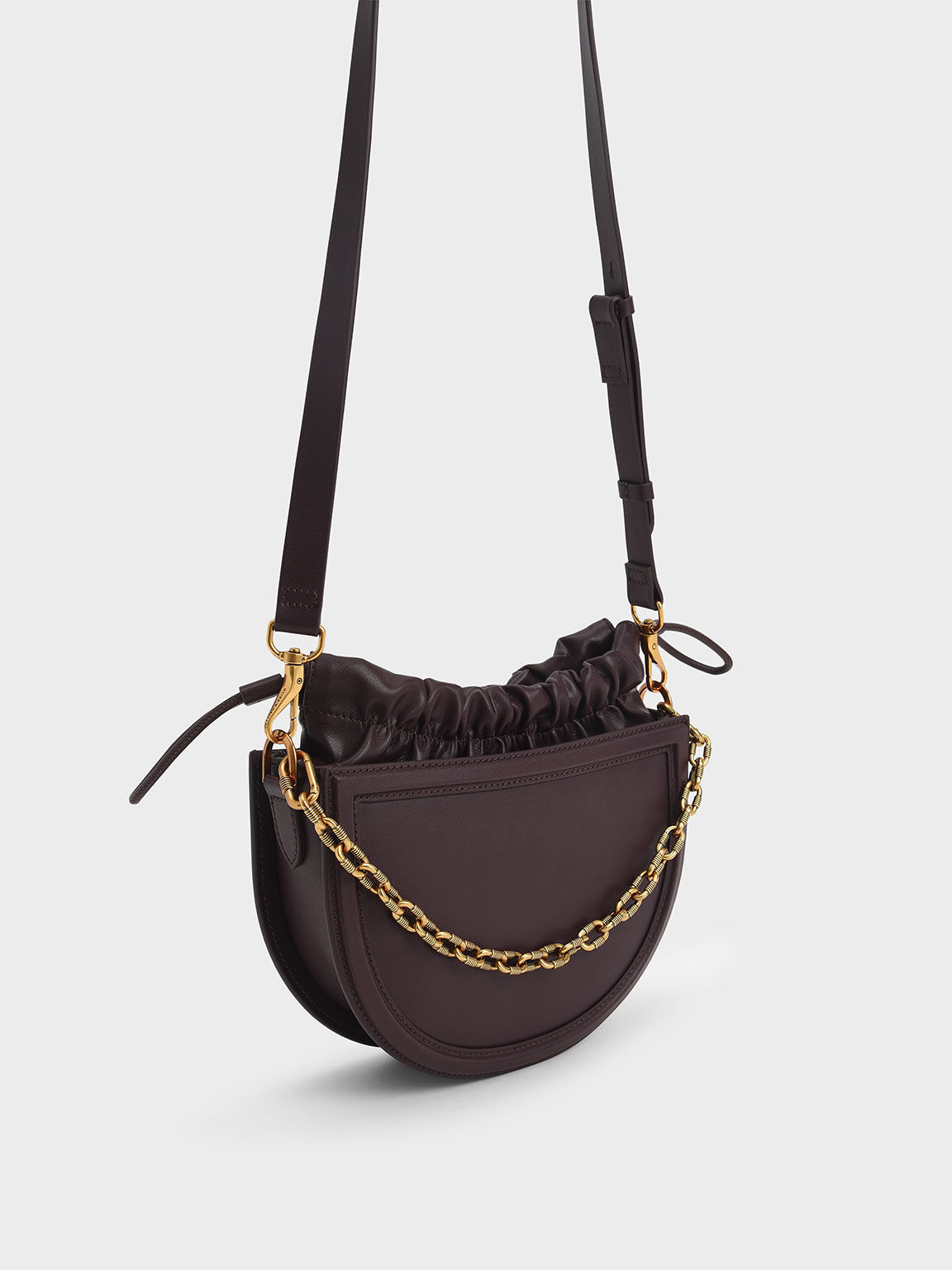 Solange Ruched Chain Handle Crescent Bag, Dark Oak, hi-res