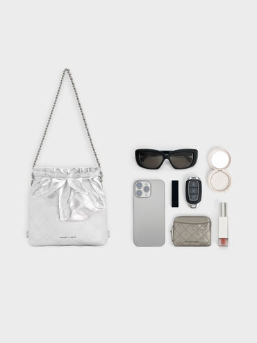 Mochila Duo metalizado doble con asa de cadena, Plateado, hi-res