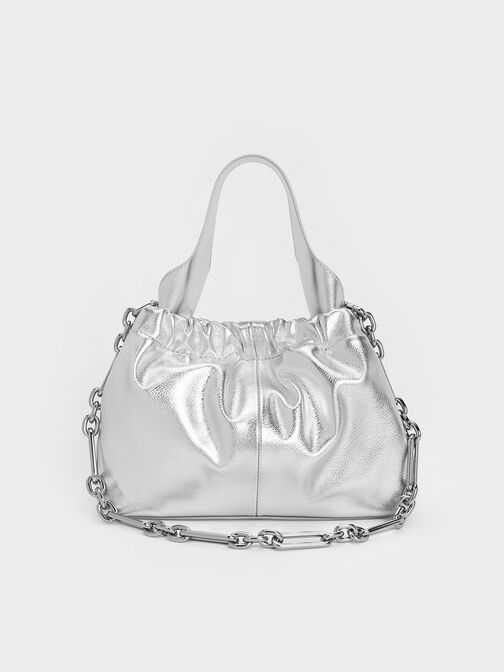 Bolso holgado fruncido Ally con asa de cadena, Plateado, hi-res