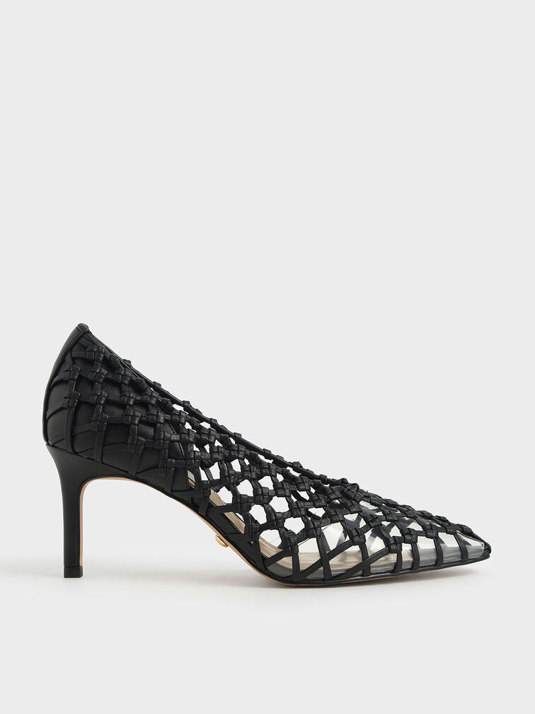 Woven Caged Pumps, Black, hi-res