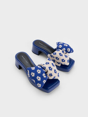 Floral Puffy Bow Heeled Mules, Blue, hi-res