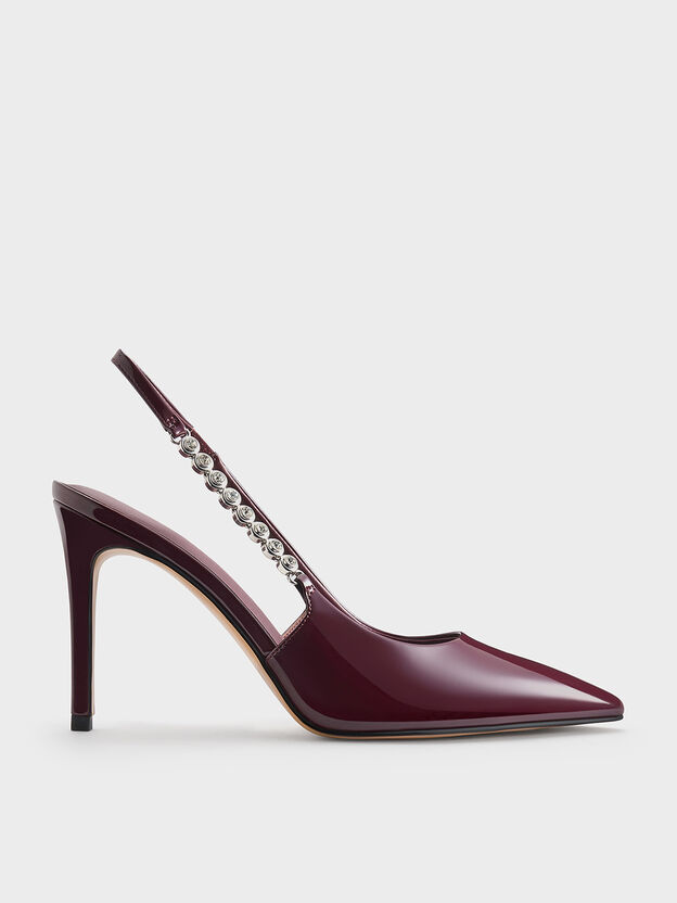 Zapatos de tac&oacute;n slingback Flores con tiras de charol y piedras preciosas, Burdeos, hi-res