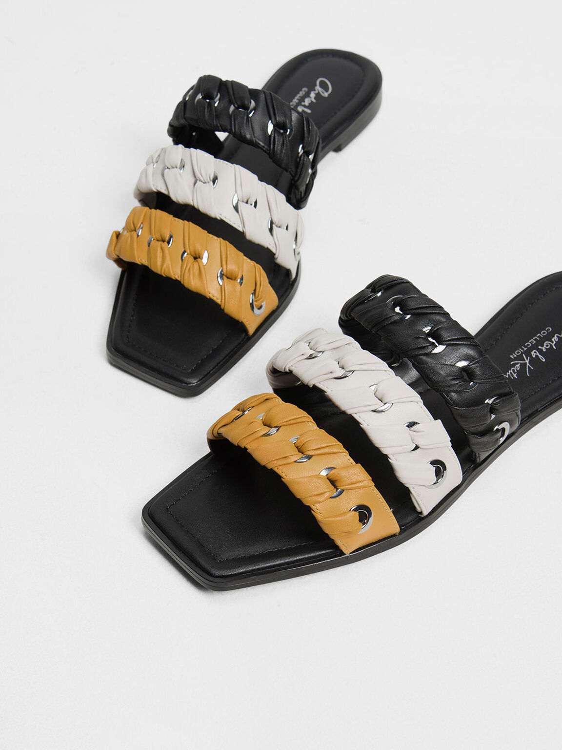 Weave Detail Leather Slide Sandals, Multi, hi-res
