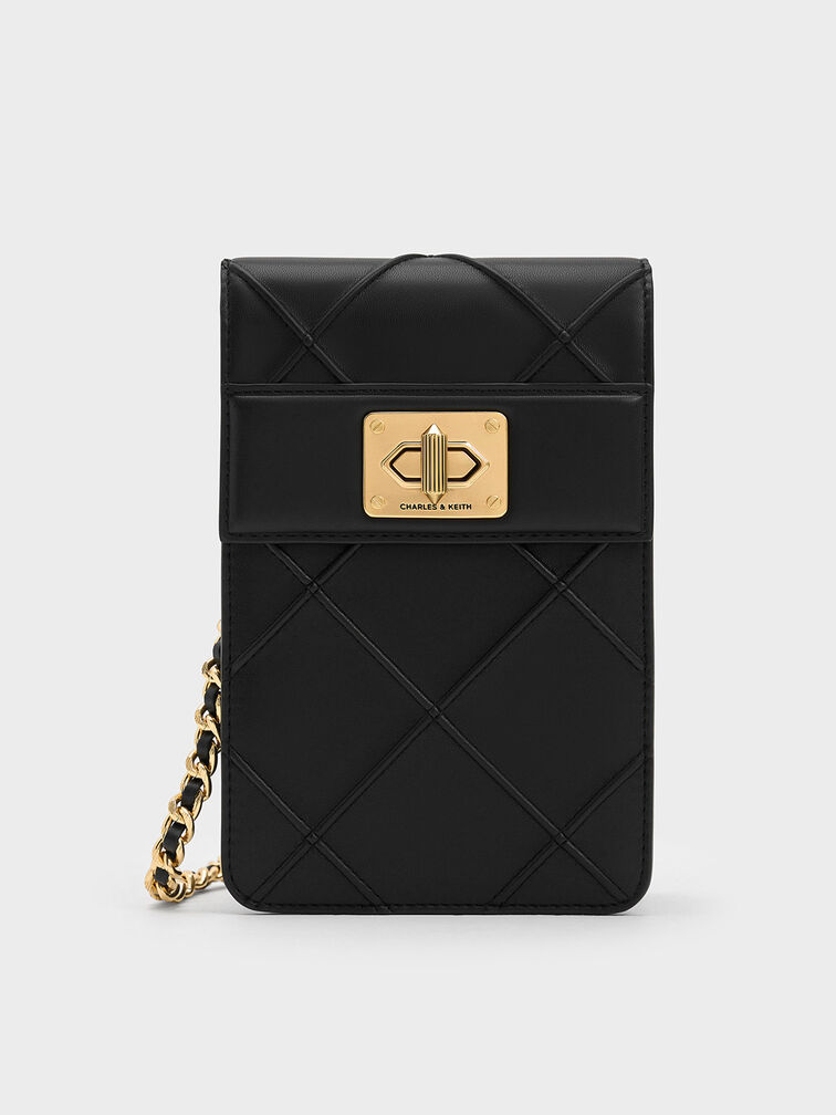 Black Eleni Quilted Elongated Crossbody Bag - CHARLES & KEITH 