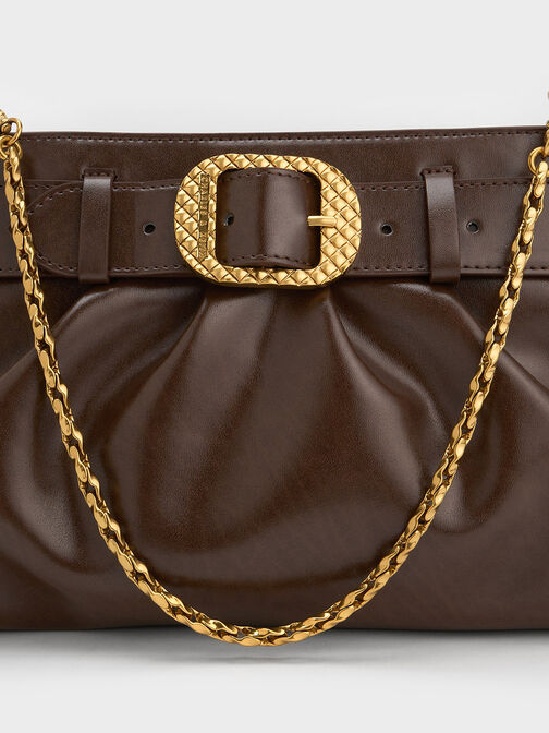Avis Belted Ruched Shoulder Bag, Dark Brown, hi-res