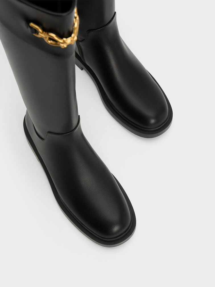 Metallic Chain Accent Knee-High Boots, Black, hi-res