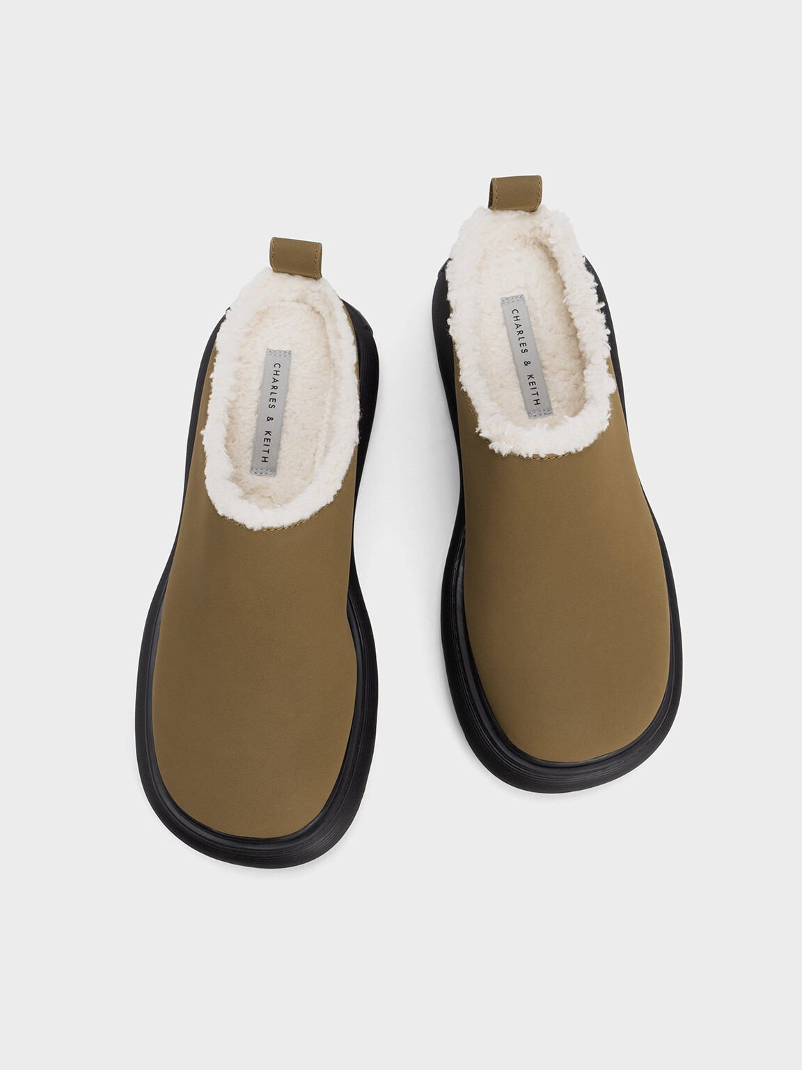 Fur-Trim Round-Toe Platform Mules, Olive, hi-res