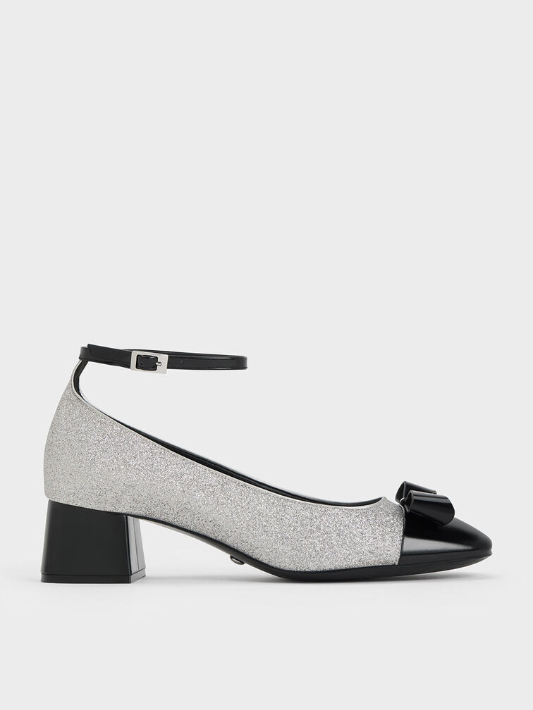 Silver Leather & Glitter Bow Ankle-Strap Pumps - CHARLES & KEITH SG