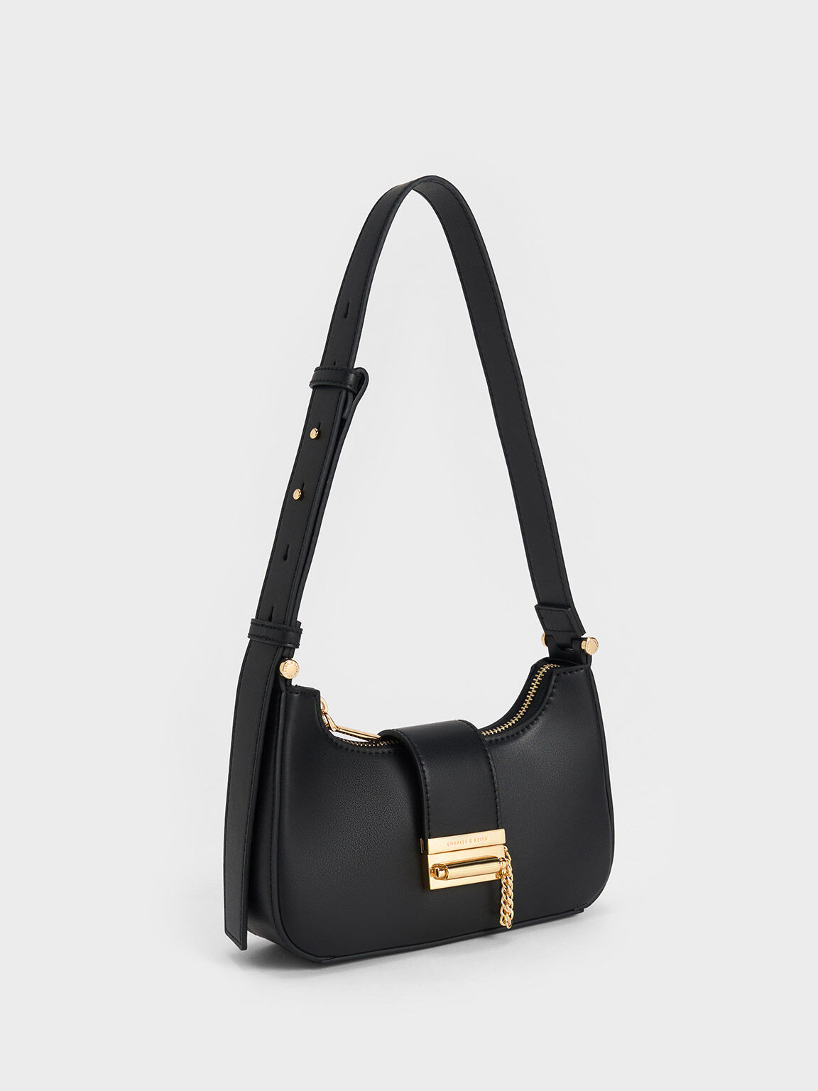 Black Metallic Accent Belted Bag - CHARLES & KEITH KR