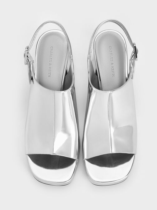 Metallic Peep-Toe Platform Sandals, Silver, hi-res