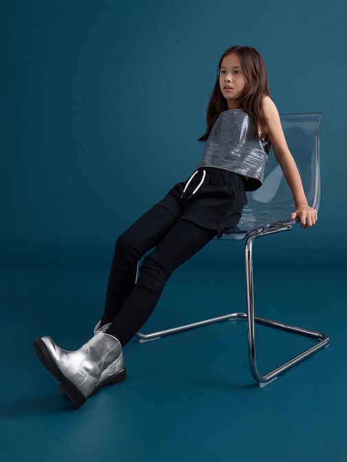 Girls' Metallic Stitch-Trim Ankle Boots, Silver, hi-res