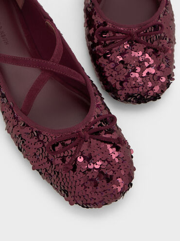 Sequinned Crossover Mary Jane Flats, Burgundy, hi-res