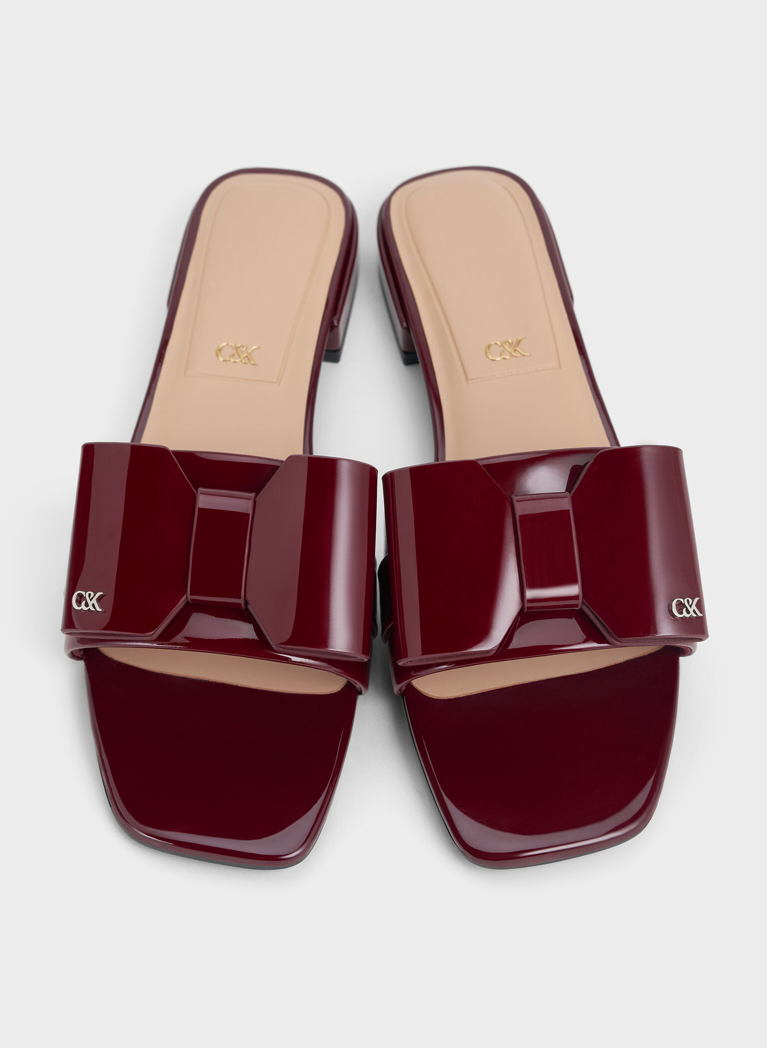Lu Patent Leather Bow Slide Sandals, Burgundy, hi-res