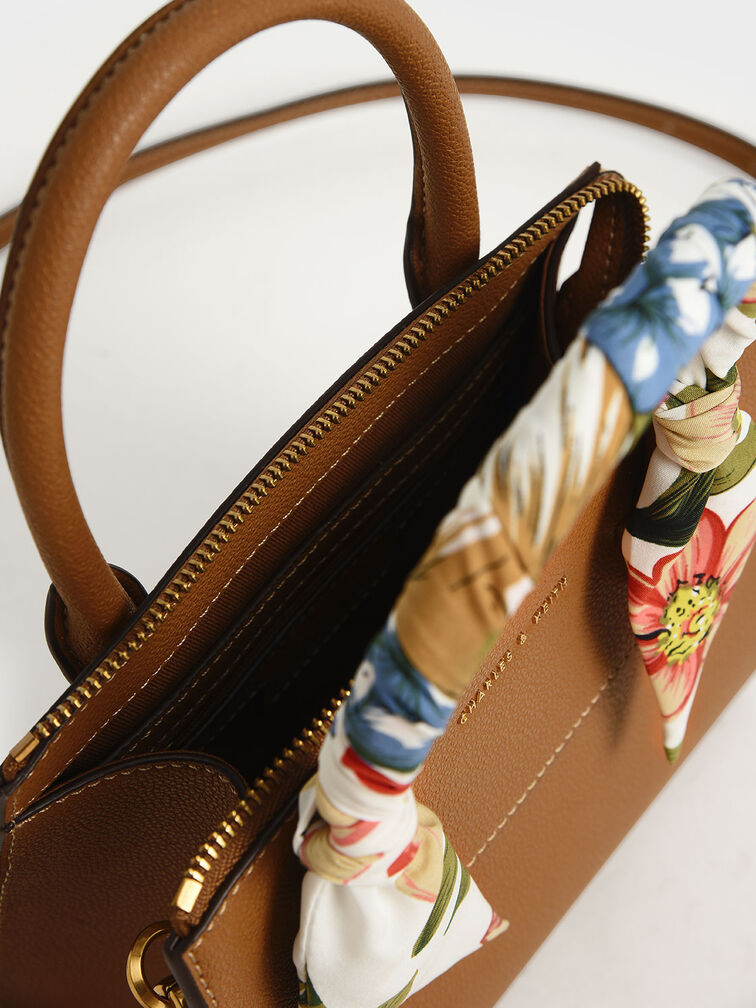 Scarf-Wrapped Top Handle Bag, Camel, hi-res