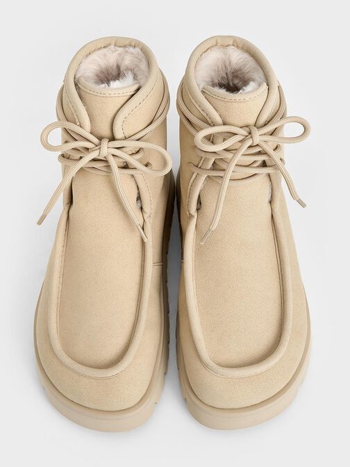 Textured Fur-Lined Ridged-Sole Ankle Boots, Beige, hi-res