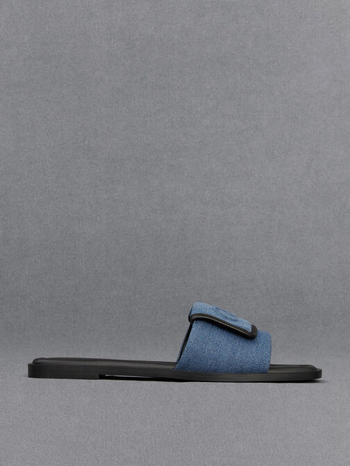 Leather & Denim Slide Sandals, Blue, hi-res