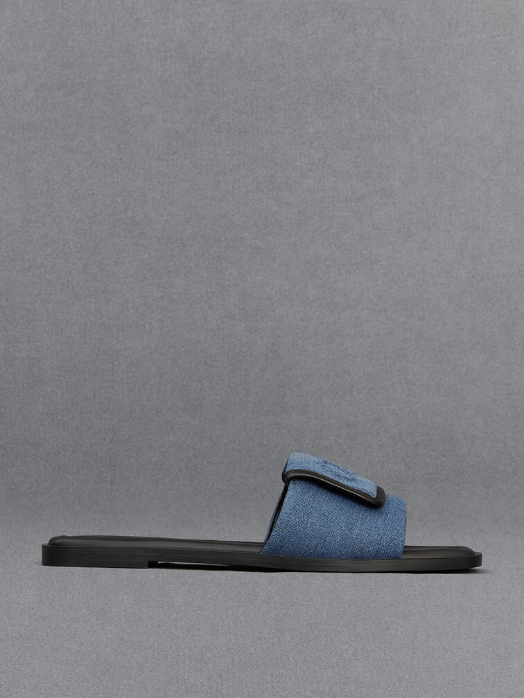 Leather & Denim Slide Sandals, Blue, hi-res
