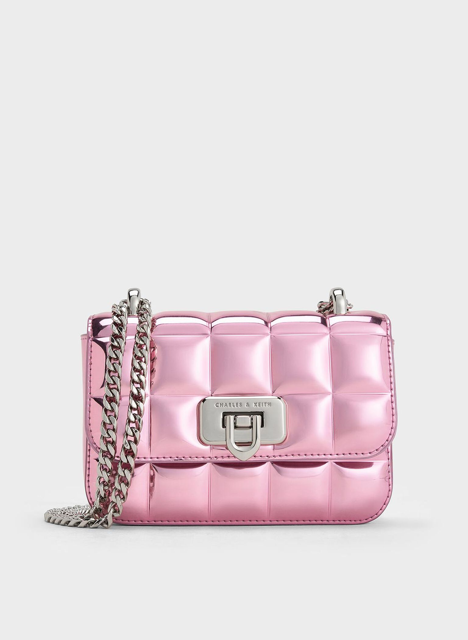 Metallic Square-Quilted Chain-Handle Bag, Pink, hi-res