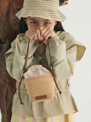Girls' Ida Knitted Bucket Bag, Beige, hi-res