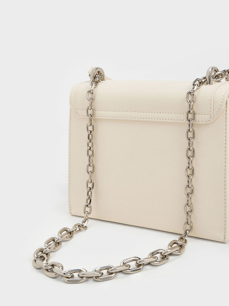 Cream Front Flap Chain Handle Crossbody Bag - CHARLES & KEITH MY