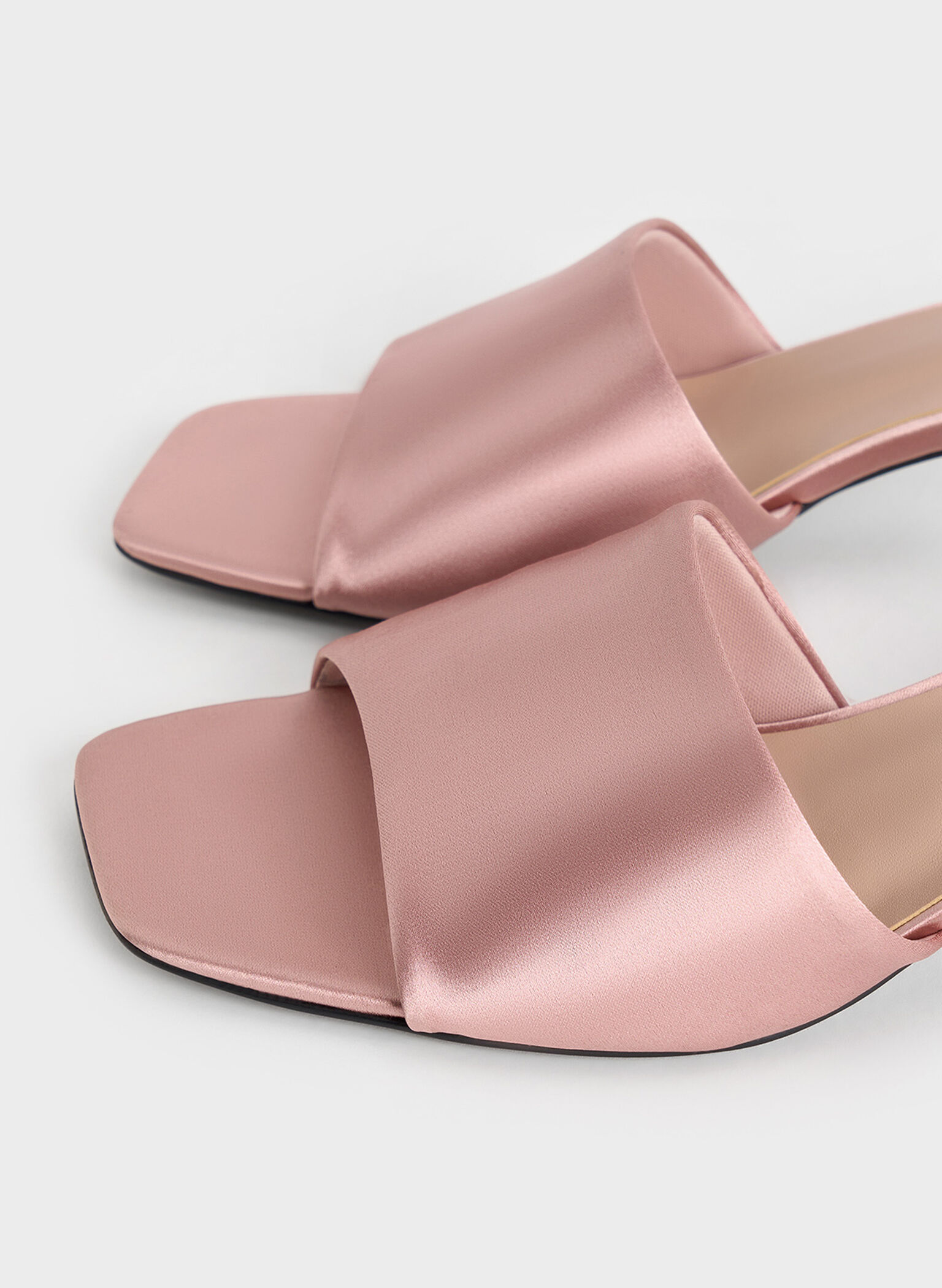 Satin Square-Toe Kitten-Heel Mules, Nude, hi-res