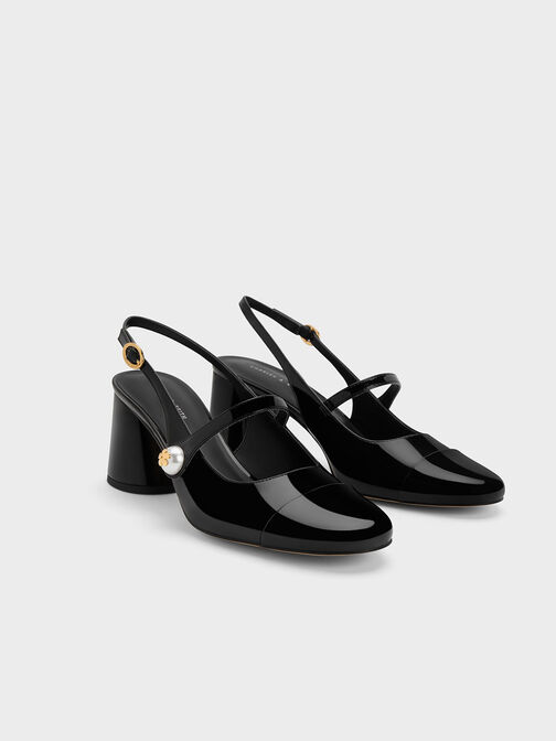 Pearl Embellished Patent Slingback Pumps, Black Patent, hi-res