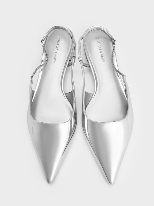 Metallic Chain-Strap Pointed-Toe Slingback Flats, Silver, hi-res