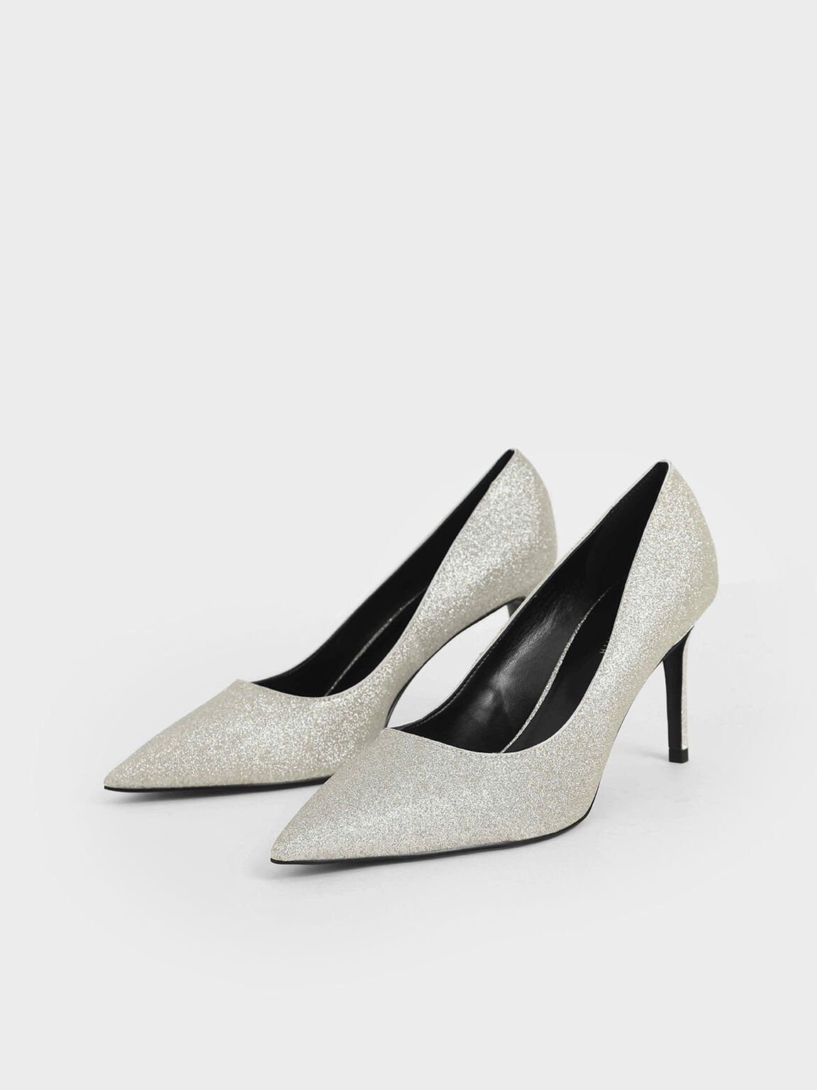 Glitter Pointed Toe Court Shoes, Silver, hi-res