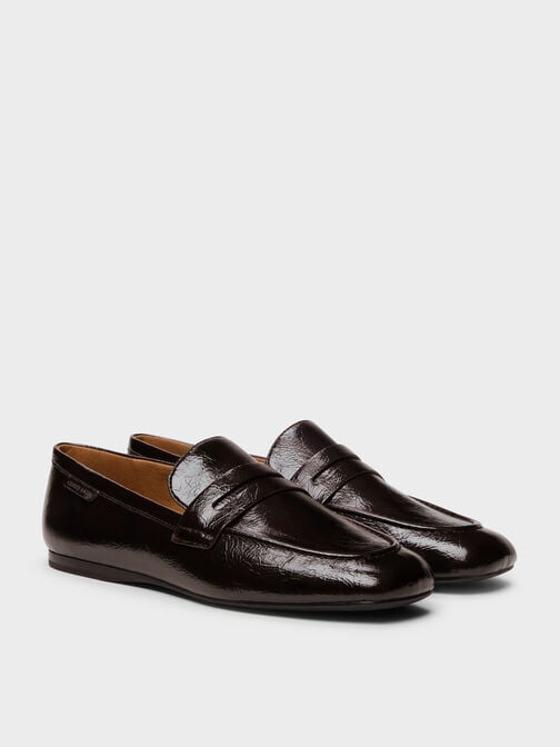 Crinkle-Effect Penny Loafers, Dark Brown, hi-res