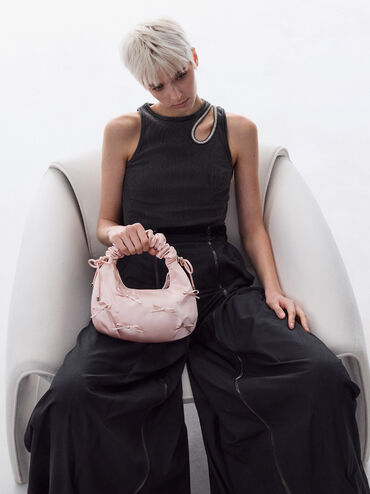 Bolso de satén con lazo y asa fruncida, Rosa pálido, hi-res