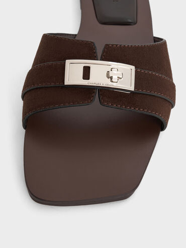 Lando Faux Suede Metallic-Accent Belted Slide Sandals, Dark Brown Textured, hi-res