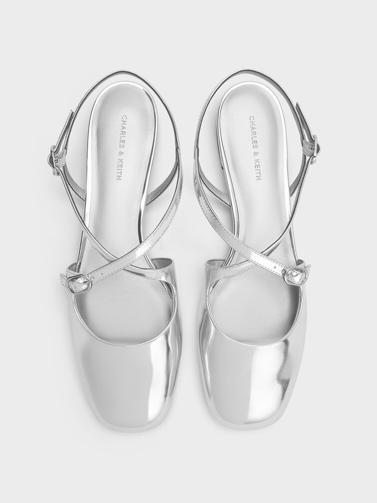 Metallic Crossover Buckled Slingback Flats, Silver, hi-res