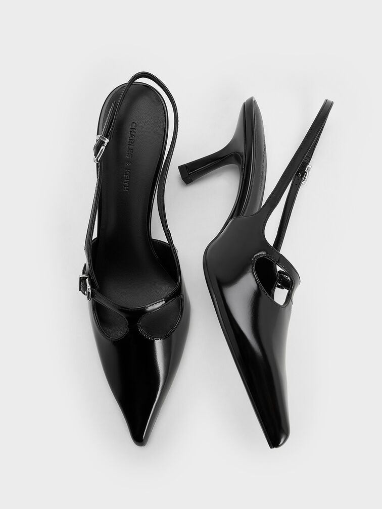 T-Bar Pointed-Toe Slingback Pumps, Negro pulido, hi-res