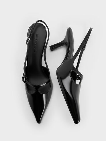 T-Bar Pointed-Toe Slingback Pumps, Negro pulido, hi-res