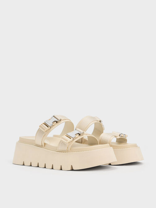 Laine Metallic-Buckle Flatform Sandals, Beige, hi-res