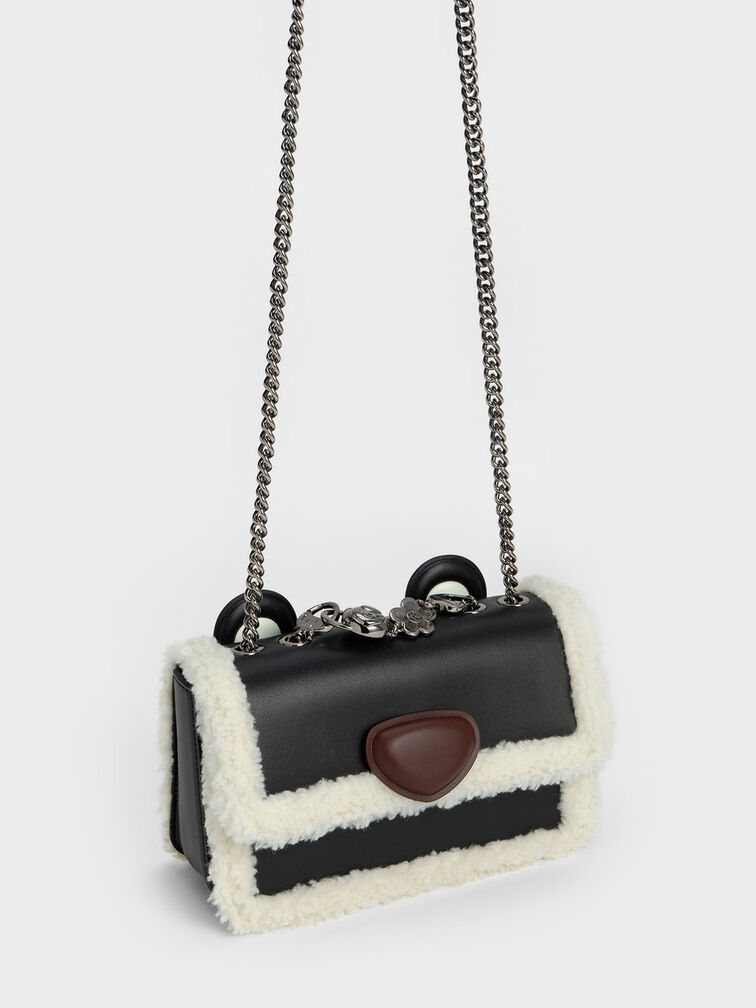Lotso Fur-Trim Front Flap Bag, Black, hi-res