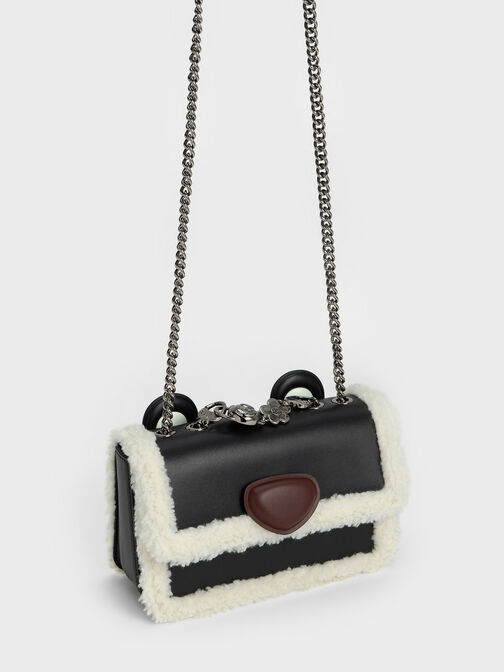 Lotso Fur-Trim Front Flap Bag, Black, hi-res