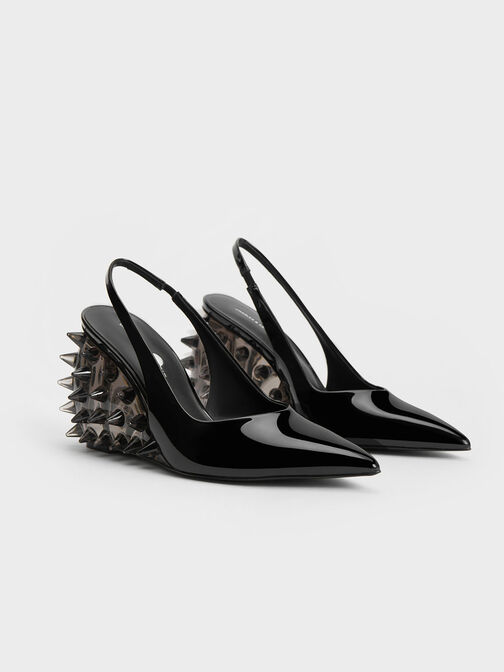 Patent Spike-Heel Slingback Wedges, Black Patent, hi-res