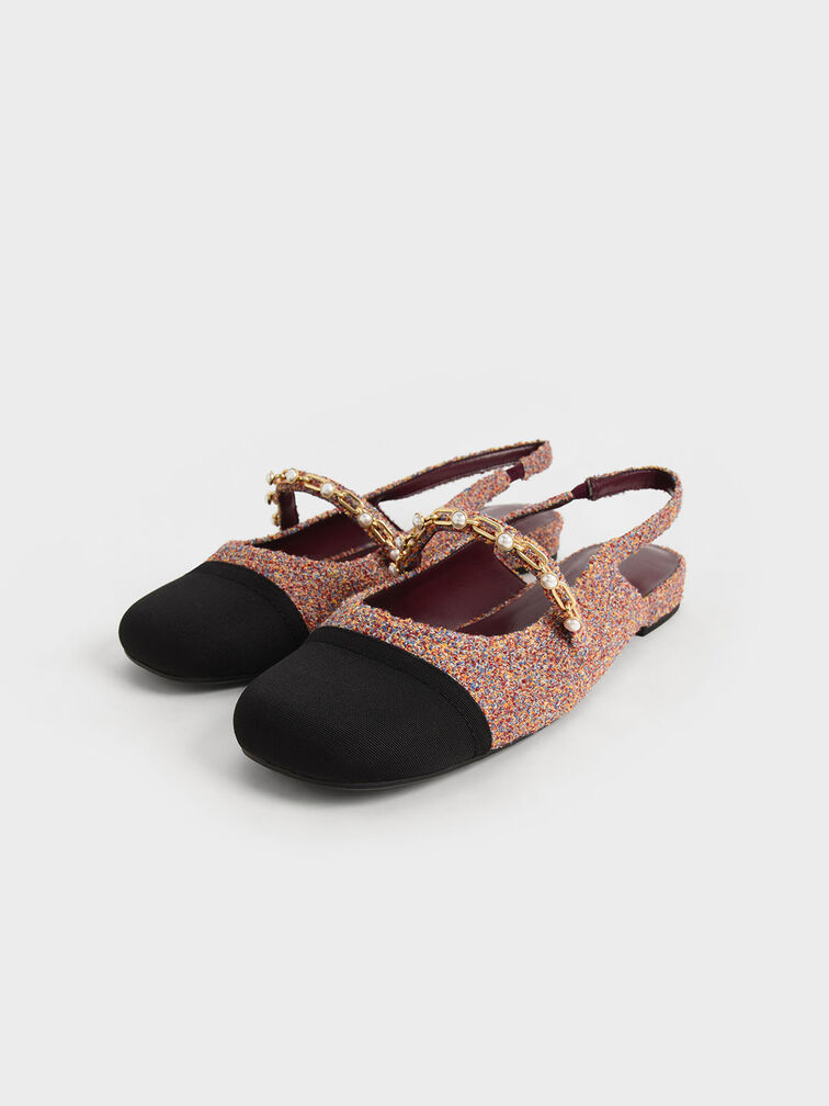 Beaded Chain-Link Terry Cloth & Grosgrain Slingback Mary Janes, Red, hi-res
